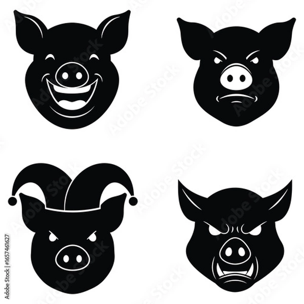 Fototapeta Compilation of black silhouette pig and boar heads with distinct expressions, featuring a joyfully laughing pig, an annoyed frowning pig, a whimsical pig with a jester's hat, and an angry boar.