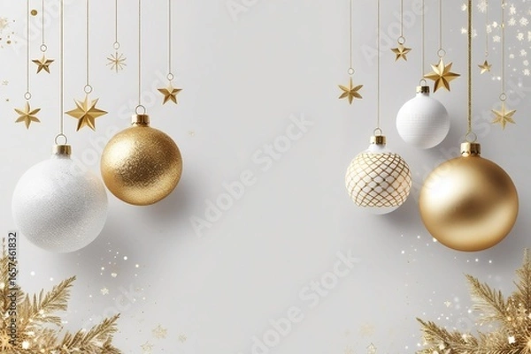 Fototapeta Chic Gold and White Christmas Ornaments with Stars and Glitter Leaves on Elegant Minimal Background – AI-Generated