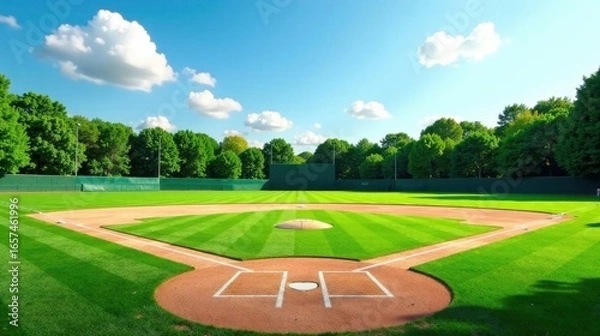 Fototapeta A pristine baseball field bathed in sunlight, showcasing meticulously manicured grass and a vibrant green outfield, surrounded by a lush canopy of trees under a bright, partly cloudy sky