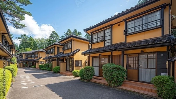 Fototapeta Row of Japanese style houses with sunny sky