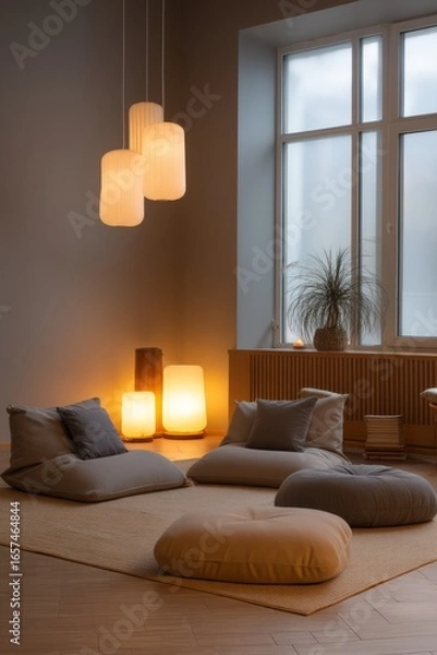 Fototapeta  A cozy corner in the office with floor cushions and soft lamps A small team is practicing mindfulness with gentle background music The mood, Generative AI