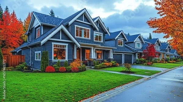 Fototapeta Row of upscale homes with fall foliage