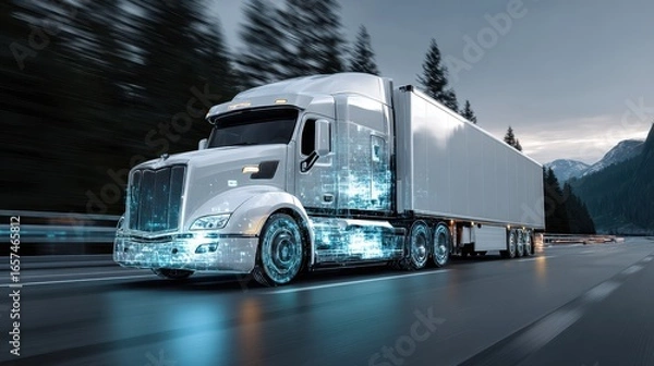 Fototapeta Autonomous Trucking: Advanced Technology Concept Highway Animation of Futuristic Autonomous Vehicle