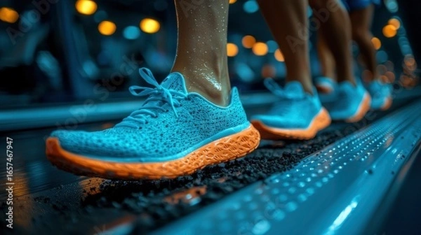 Fototapeta Runners on Treadmill. Close up of feet in motion during a workout