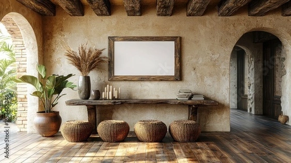 Fototapeta Rustic wall with blank canvas, wooden textures