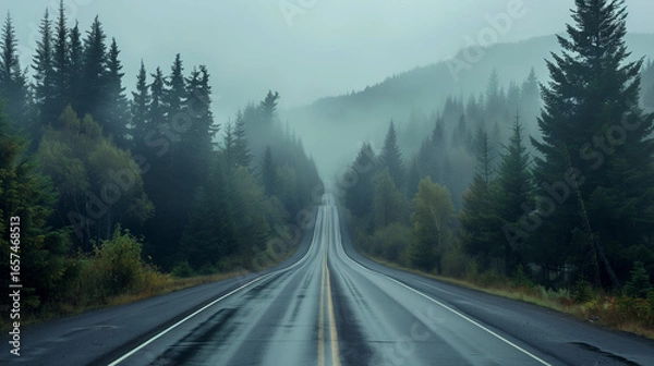 Fototapeta Foggy highway through pine trees 