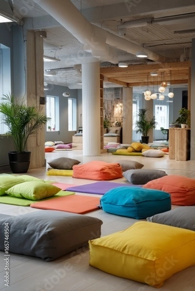 Fototapeta A creative design office with colorful cushions on the floor Employees are enjoying a quick yoga flow before a meeting The mood feels warm, Generative AI 