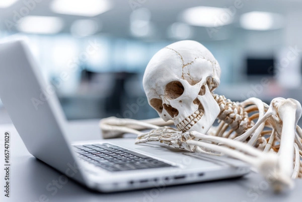 Fototapeta Working to death. Business man's skeleton using laptop in office.