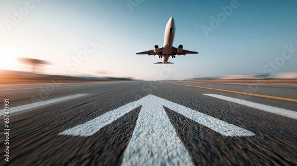 Fototapeta Commercial airplane taking off from runway during daytime with clear sky and airport surroundings