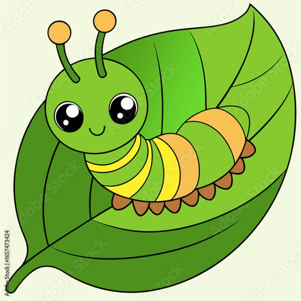 Fototapeta vector kawaii, caterpillar leaf, illustration
