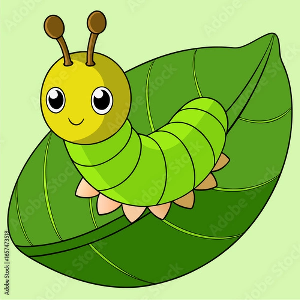 Fototapeta vector kawaii, caterpillar leaf, illustration