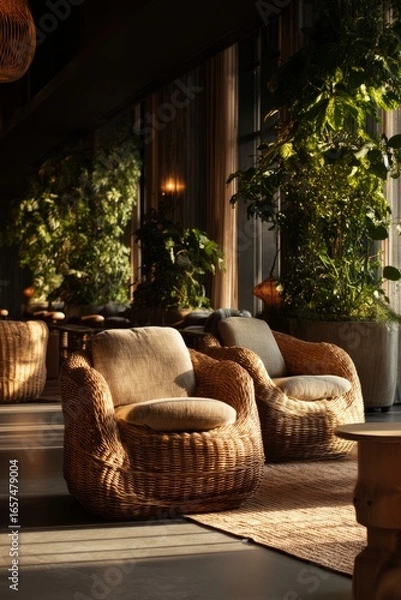 Fototapeta A quiet lounge with woven chairs, indoor greenery, and soft golden light Staff are resting with their eyes closed The mood feels gentle, Generative AI