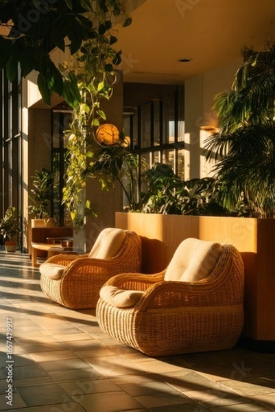 Fototapeta A quiet lounge with woven chairs, indoor greenery, and soft golden light Staff are resting with their eyes closed The mood feels gentle, Generative AI