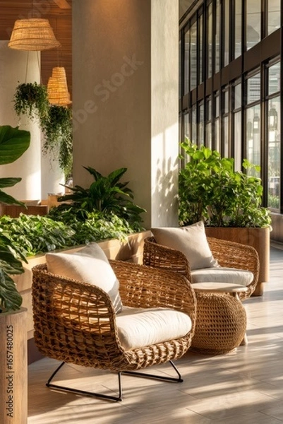 Fototapeta A quiet lounge with woven chairs, indoor greenery, and soft golden light Staff are resting with their eyes closed The mood feels gentle, Generative AI