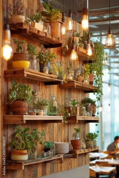 Fototapeta A rustic break area with wooden shelves full of plants and vintage lamps Employees are eating lunch in a relaxed atmosphere The mood feels, Generative AI