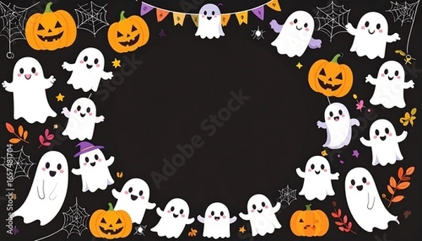 Fototapeta Cute ghosts and pumpkins frame a black background, perfect for Halloween