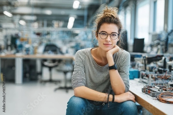 Fototapeta Image of a young woman scientist at her engineering lab desk facing the camera with space for text