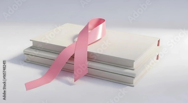 Fototapeta Show your support with this awareness ribbon resting on a stack of books, perfect for campaigns, education, or thoughtful projects about breast cancer awareness and research
