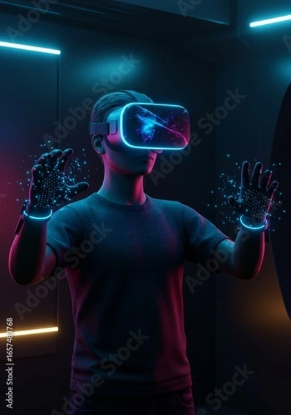 Fototapeta Cinematic Shot of a Person Immersed in Virtual Reality Gaming, Wearing VR Headset and Haptic Gloves in a Neon-Lit Futuristic World