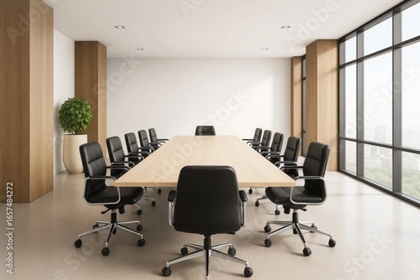 Obraz Modern corporate boardroom with black chairs and wood table in bright high-rise office interior with large windows and city background concept.