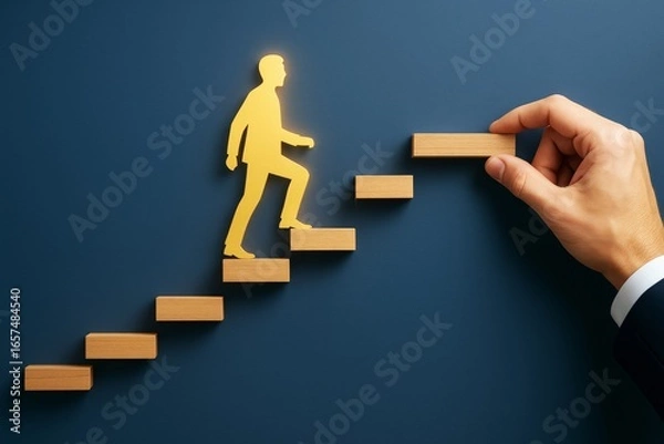 Fototapeta Businessman silhouette stepping up wooden blocks with assistance on dark blue background, symbolizing career growth and success concept.