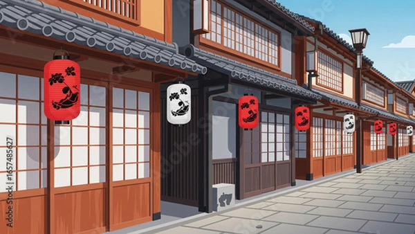 Fototapeta Vector Illustration of a Traditional Japanese Street with Shops and Lanterns