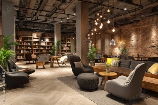 Fototapeta A stylish lounge with a mix of modern and rustic furniture Employees reading books while sipping tea The mood feels relaxed and welcoming, Generative AI 