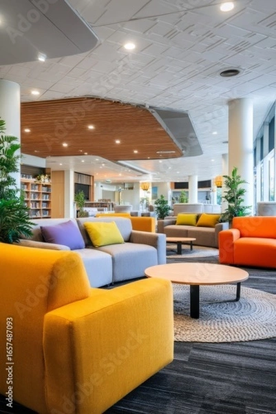 Fototapeta A bright lounge with comfortable couches in a circle Team members sharing book recommendations The mood feels friendly and relaxed, Generative AI