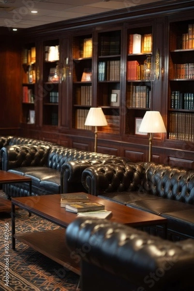 Fototapeta A classic lounge with leather couches and tall bookshelves Employees enjoying a quiet break with books The mood feels calm and inviting, Generative AI