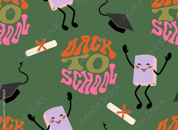 Fototapeta back to school seamless pattern with cute cartoon book character, graduation caps, diplomas, and playful lettering on green background. 