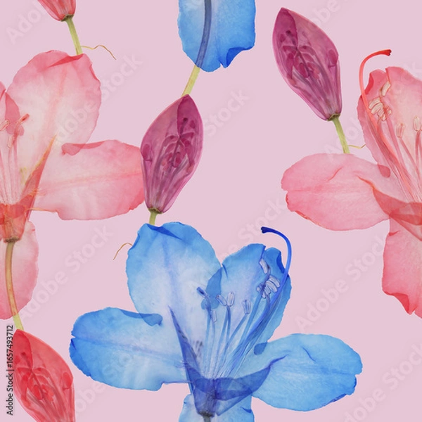 Fototapeta Floral seamless pattern. Rhododendron. Floral motifs for use in wallpaper, covers, packaging. For textiles, cotton fabrics, linen. For use in wallpaper, wrappings. Interior decor. Raster illustration.