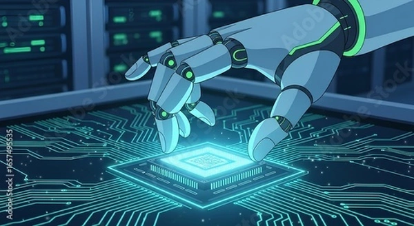 Obraz Robotic hand reaching for a glowing microchip on a complex circuit board design