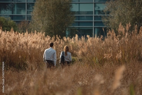 Fototapeta Office colleagues strolling past tall grasses in an open meadow The sound of rustling leaves surrounds them The mood feels freeing and light, Generative AI 