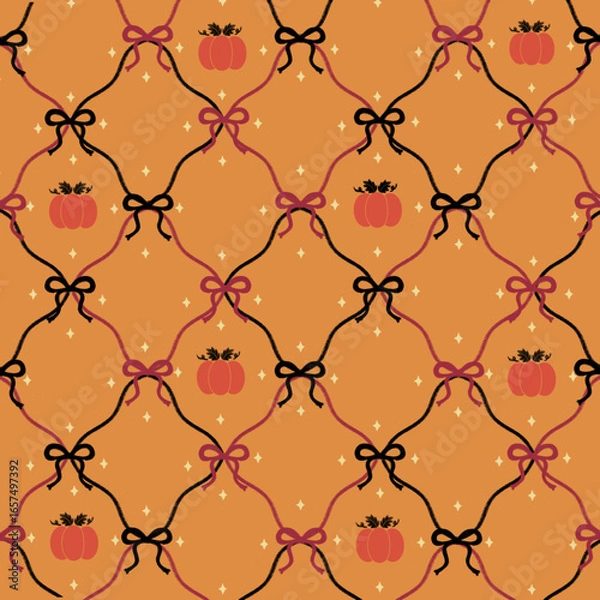 Fototapeta Ribbon and pumpkin seamless pattern with autumn leaves, pumpkins, wallpaper, cute fall vector, quilt, blanket, cozy mosaic background, print, wrap, gift paper, textile design.