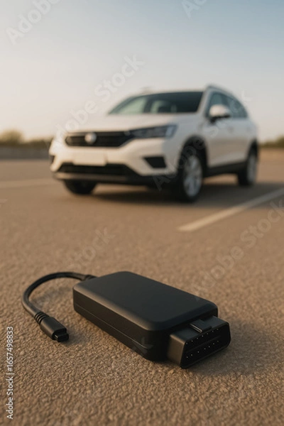 Fototapeta Car Tracker on Road: A close-up captures a modern vehicle tracker placed on the road with a car in the background, symbolizing automotive technology and vehicle security.