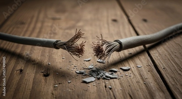 Fototapeta Frayed Ends of Disconnection: A Severed Cable on a Rustic Wooden Surface