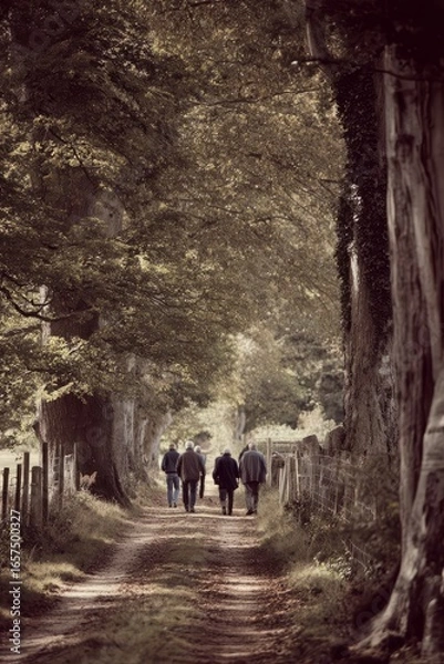 Fototapeta A group strolling down a shaded country lane The sound of footsteps mixes with bird songs The mood feels slow and mindful, Generative AI 