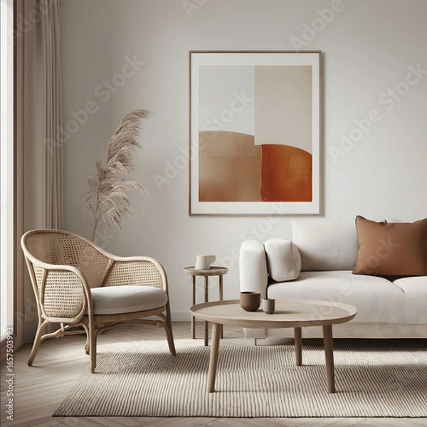 Fototapeta Create a realistic picture of a white wall light parquet flooring a light sofa armchair and coffee table against the wall There is a painting hanging on the wal