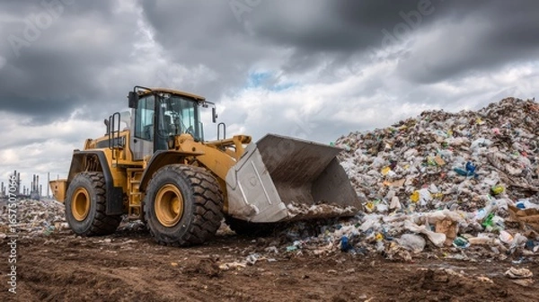 Fototapeta Front loader moving garbage pile at solid waste processing facility for eco-friendly composting