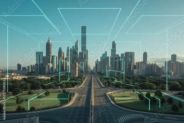 Fototapeta Futuristic city skyline with glowing digital network lines overlaying a wide avenue and green parkland