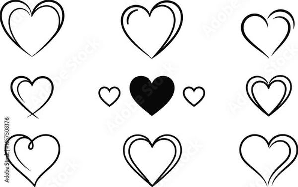 Fototapeta Collection of nine heart shapes in grid, black and white vector illustration, love romance symbol design, minimalist abstract artistic graphic style