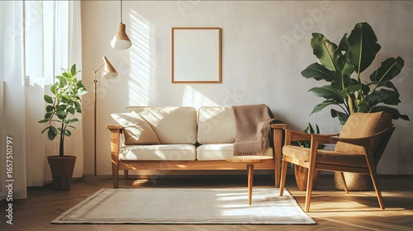 Obraz QSmxr3mf9cja A landing page image for Vintage furniture online store cozy living room wooden pieces warm lighting homely atmosphere wide and clear background simpl