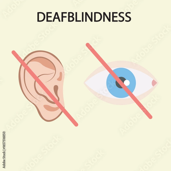 Obraz Deafblindness: combined hearing and vision loss. Symptoms: communication difficulty, imbalance, isolation. Similar conditions: Usher syndrome, CHARGE syndrome. icon