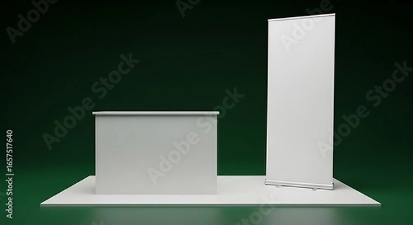 Fototapeta Sleek White Trade Show Booth with Counter and Roll-Up Banner on a Dark Emerald Stage.