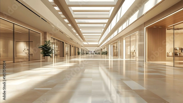 Fototapeta An architectural render of the interior of a concept shopping empty mall with no people