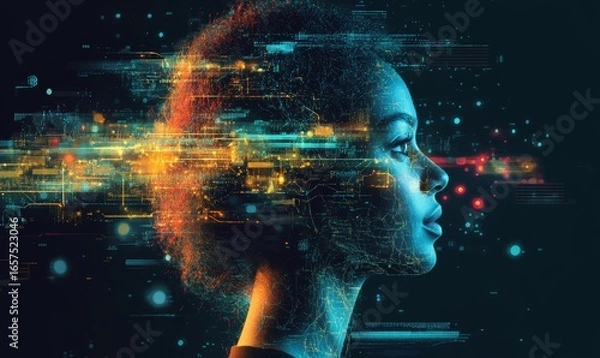 Obraz AI in education, with a female business leader using artificial intelligence technology for cybersecurity. The image emphasizes the role of research innovation and machine learning, Generative AI