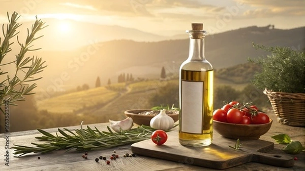 Obraz Olive oil bottle with blank label in floating still life - Surreal culinary advertisement - Gravity defying kitchen scene