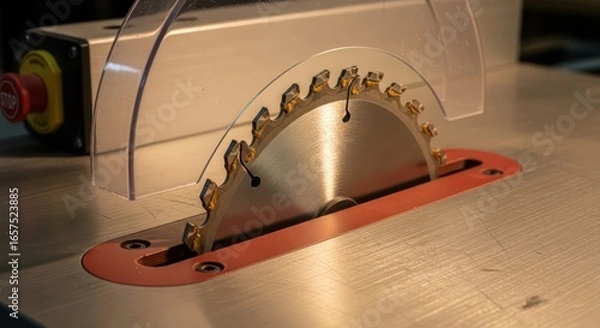 Obraz Table Saw Blade with Safety Guard and Emergency Stop Button Close-Up