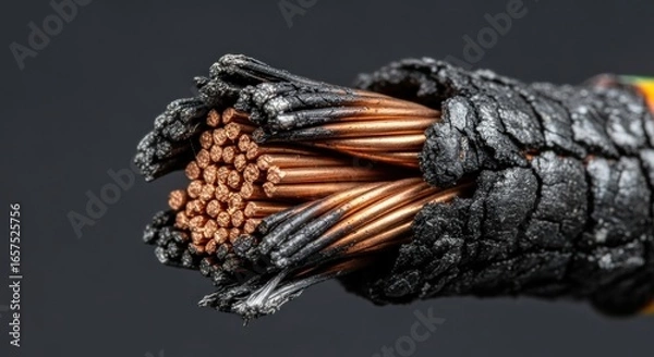 Fototapeta Macro Detail of a Burnt Electrical Cable: Charred Insulation Reveals a Gleaming Copper Core.