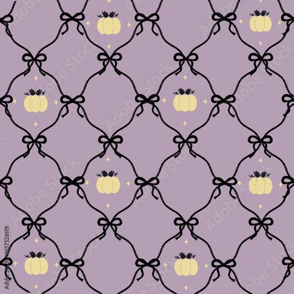 Fototapeta Ribbon and pumpkin seamless pattern with autumn leaves, pumpkins, wallpaper, cute fall vector, quilt, blanket, cozy mosaic background, print, wrap, gift paper, textile design.